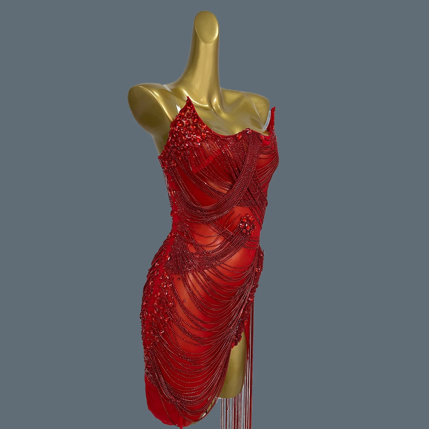 Bling Crystal Chain Diamonds Dress for Women Elastic Sexy Tassel Mini Dress Nightclub Show Wear Birthday Prom Dress Tassel Luoli