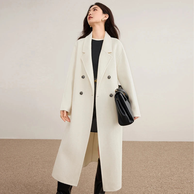 SENTUBILA Women's 100% Wool Long Coat Winter 2025 Classic Elegant Commuter Style Double-Faced Overcoat Ladies Clothes W54OA8780