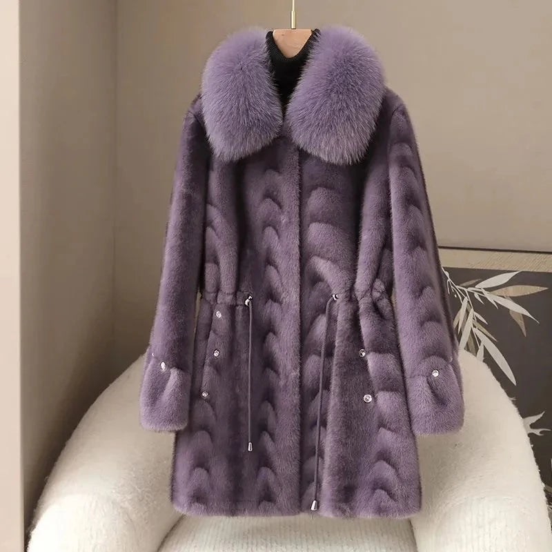 Faux Fur Coat for Women,Covered Button Jacket,Adjustable Waist,High Quality,Turn-down Collar Overcoat,Female Clothes,New,Winter