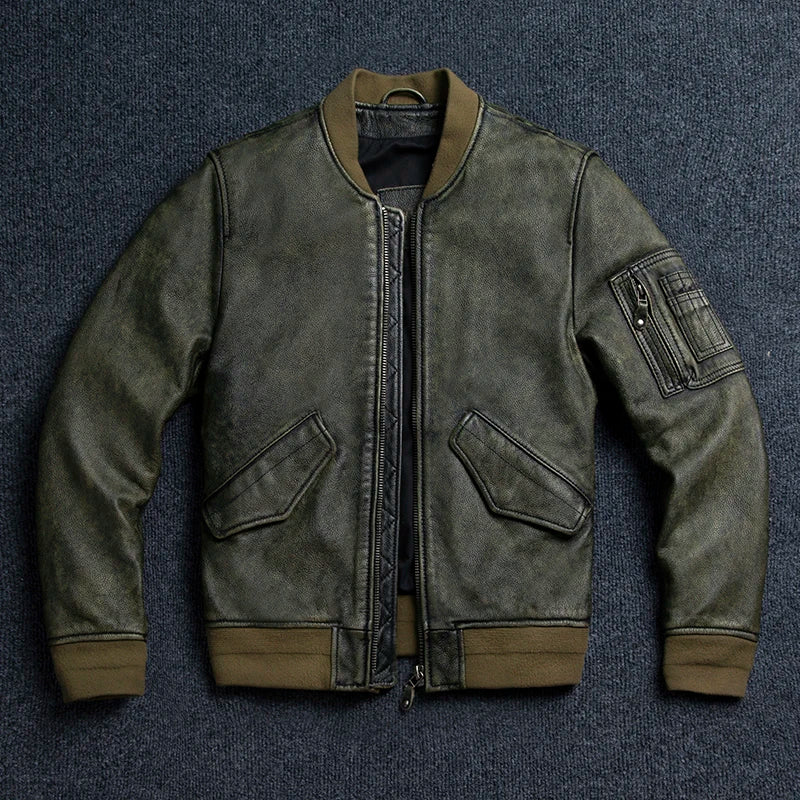 2025 New Retro Men's Leather Jacket Spring Army Green MA1 Flight Suit Natural Cowhide Short Coat Motorcycle Riding Clothes