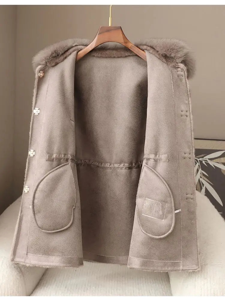 Faux Fur Coat for Women,Covered Button Jacket,Adjustable Waist,High Quality,Turn-down Collar Overcoat,Female Clothes,New,Winter