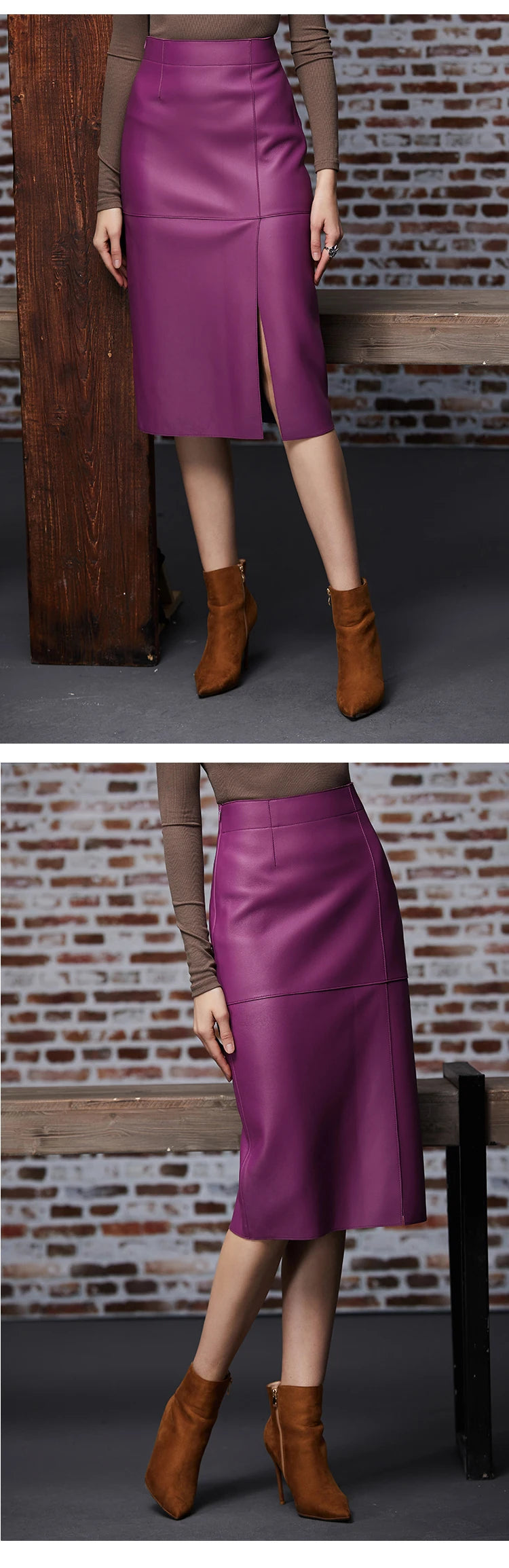 Leather Clothes for Women Streetwear 100% Sheepskin Sexy Split Simple Wrapped Slim Fit Long Jupe Sliver Fuchsia Cute Etek Kadın