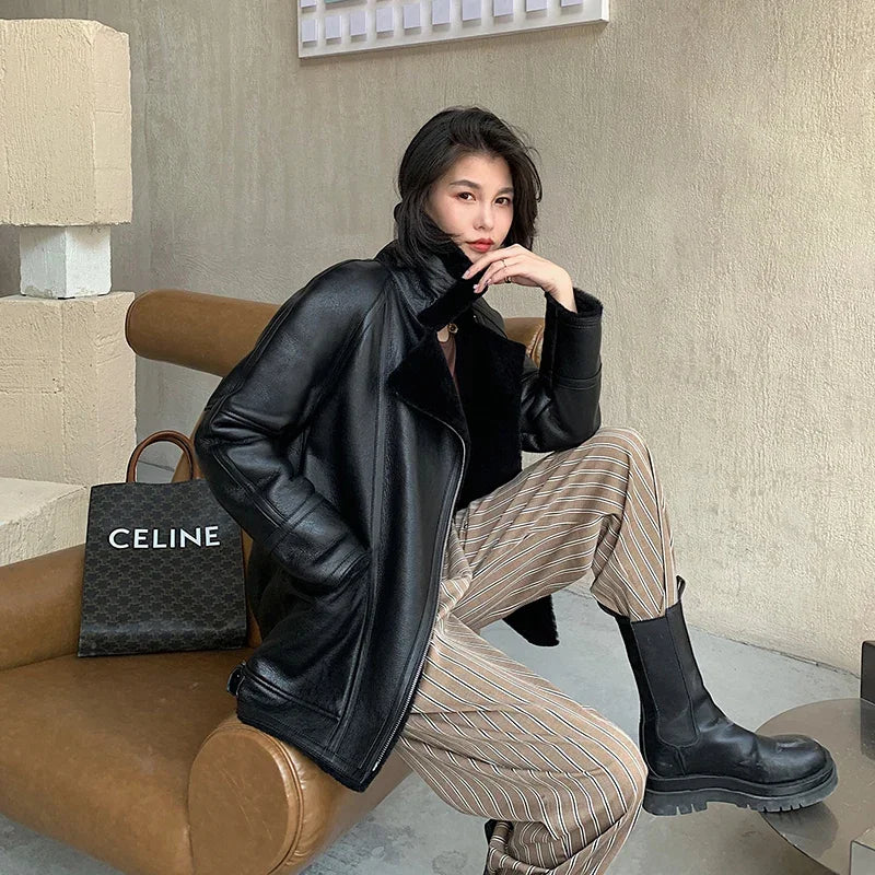 Natural Merino Sheepskin Wool Double Faced Fur Coat Women Motorcycle Leather Jacket Winter Clothes Woman 2024 дубленка женская
