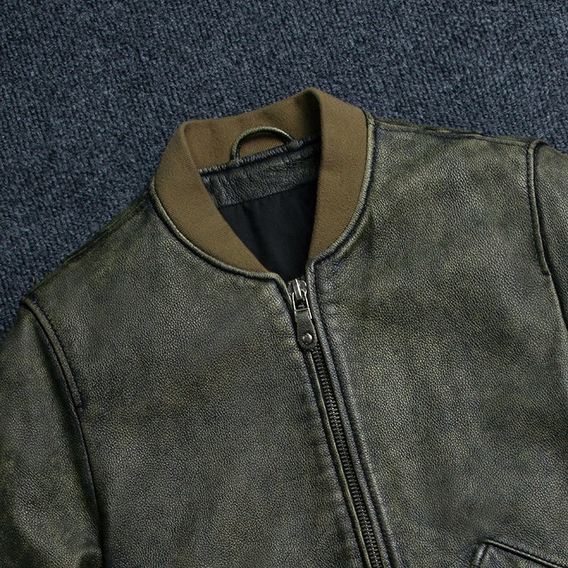 2025 New Retro Men's Leather Jacket Spring Army Green MA1 Flight Suit Natural Cowhide Short Coat Motorcycle Riding Clothes