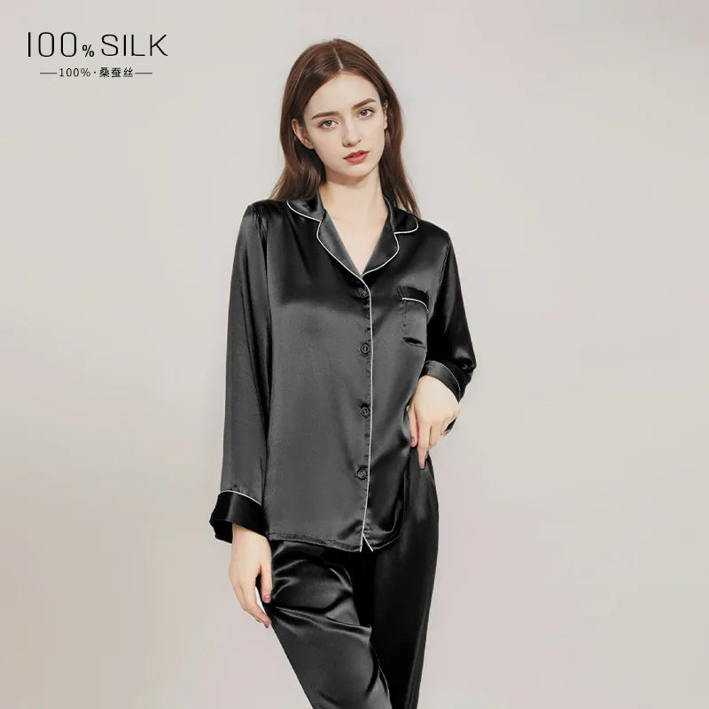 Summer New Real Silk Pajamas Women's Long-sleeved Trousers 100% Mulberry Silk Cool Home Clothes Suit 2 PCS Solid Color Sleepwear