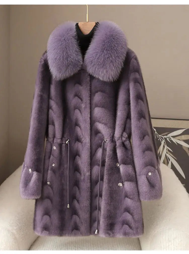 Faux Fur Coat for Women,Covered Button Jacket,Adjustable Waist,High Quality,Turn-down Collar Overcoat,Female Clothes,New,Winter