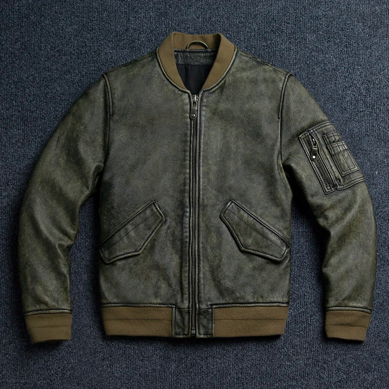 2025 New Retro Men's Leather Jacket Spring Army Green MA1 Flight Suit Natural Cowhide Short Coat Motorcycle Riding Clothes