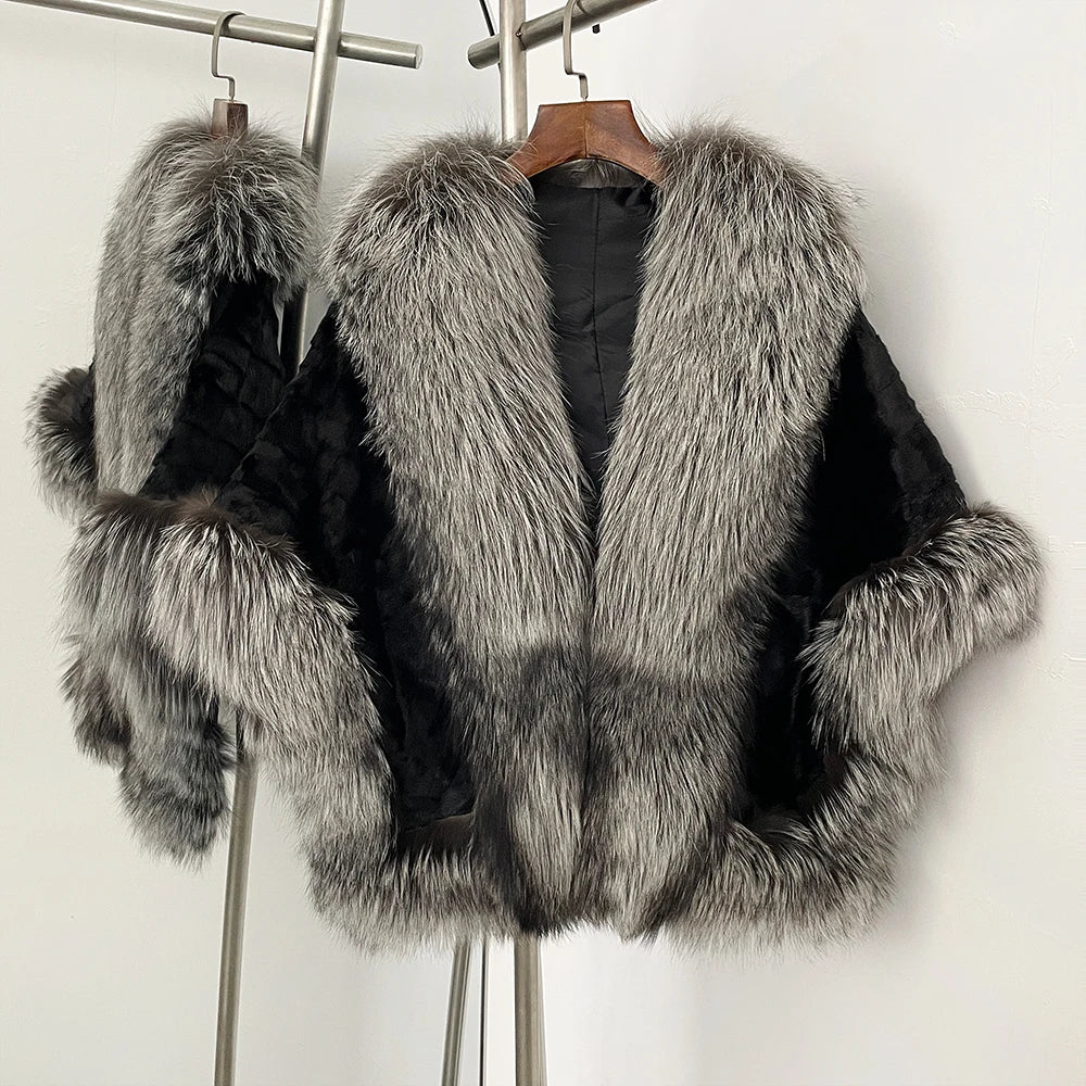 OFTBUY New Winter Thickened Warm Clothes Women Natural Mink Fur Cape Coat Female Real Fox Fur Sleeveless Shawl Jacket Outerwear