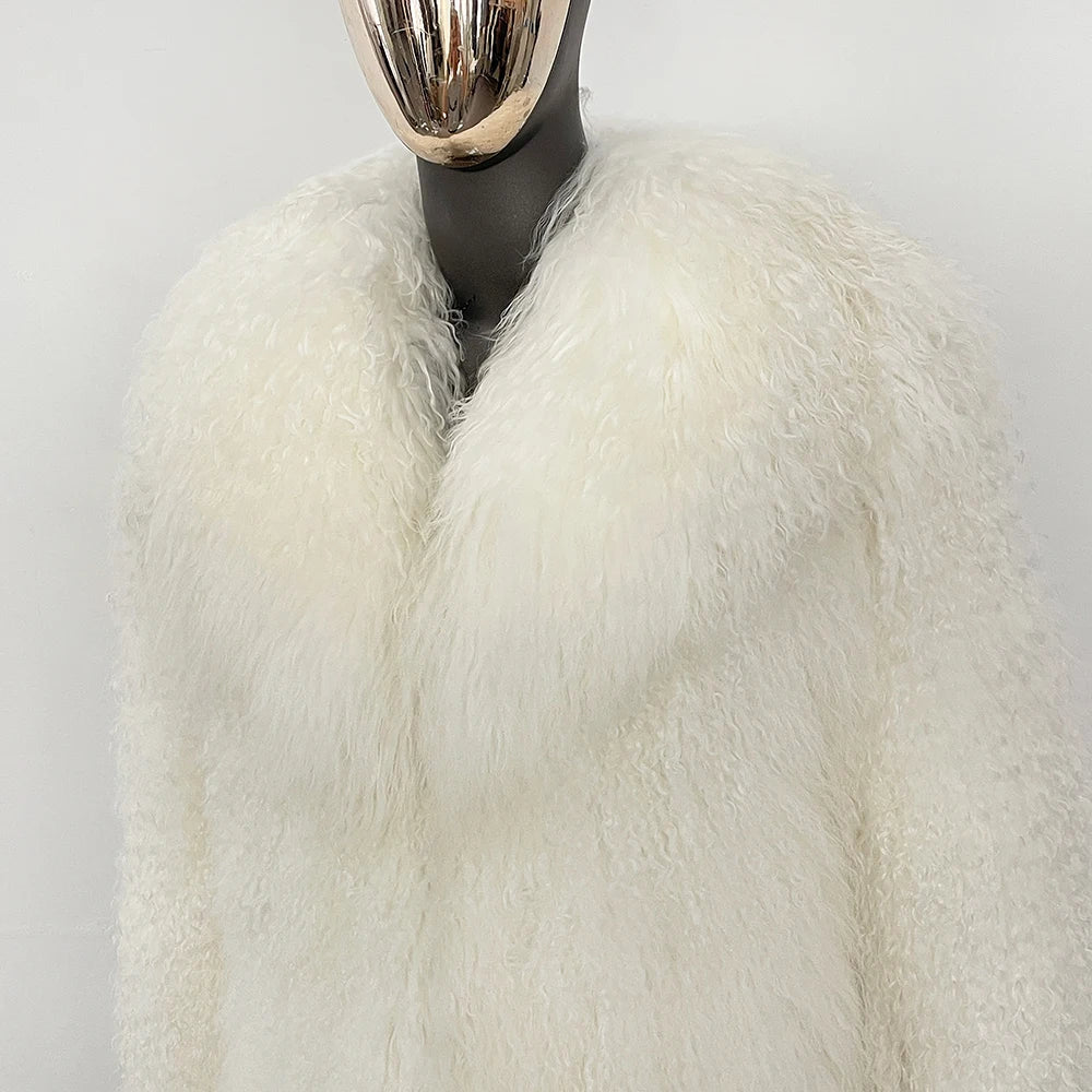 MENINA 2025 Autumn Winter Clothes Women Fashion Warm Mongolian Fur Jacket Mid-length Natural Fur Coat Black Real Fur Overcoat