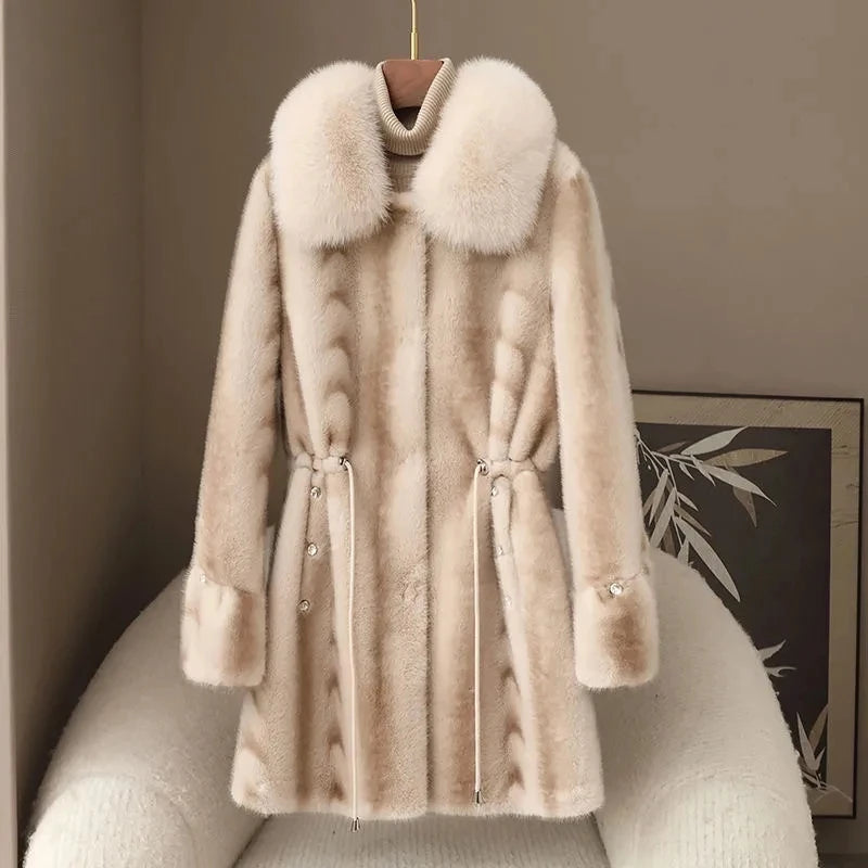 Faux Fur Coat for Women,Covered Button Jacket,Adjustable Waist,High Quality,Turn-down Collar Overcoat,Female Clothes,New,Winter