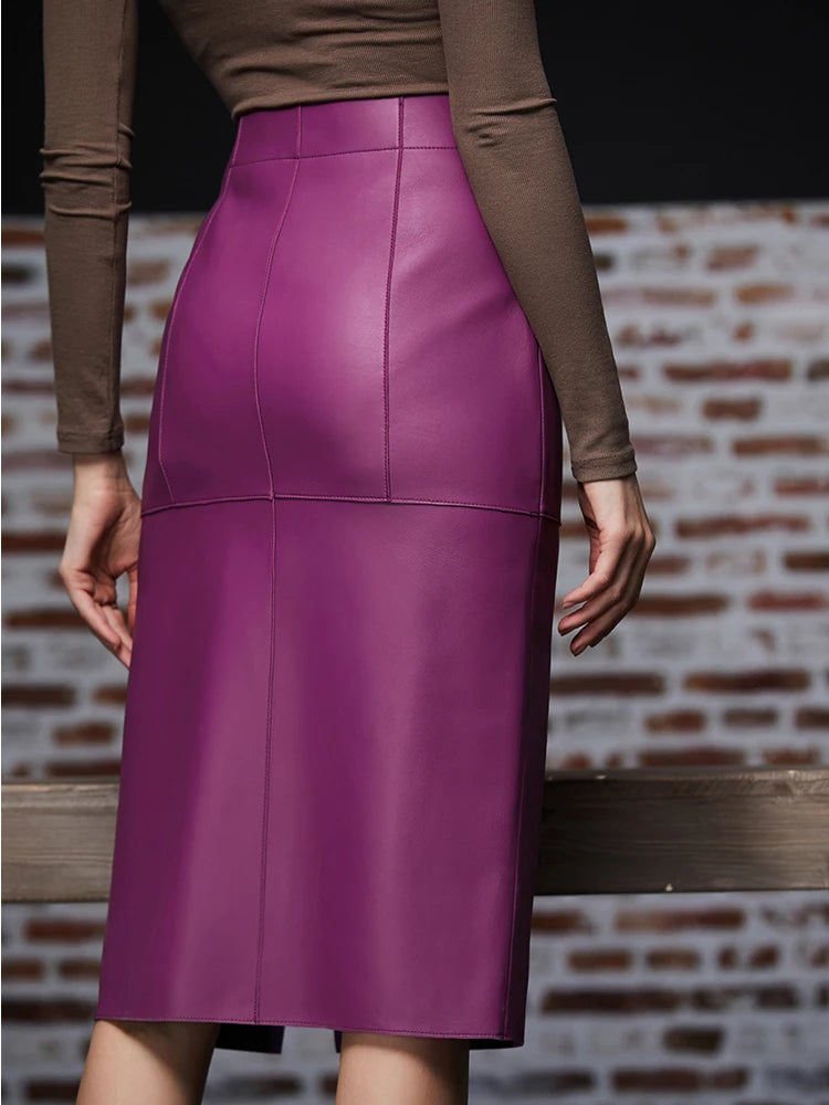 Leather Clothes for Women Streetwear 100% Sheepskin Sexy Split Simple Wrapped Slim Fit Long Jupe Sliver Fuchsia Cute Etek Kadın