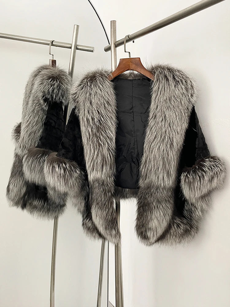 OFTBUY New Winter Thickened Warm Clothes Women Natural Mink Fur Cape Coat Female Real Fox Fur Sleeveless Shawl Jacket Outerwear