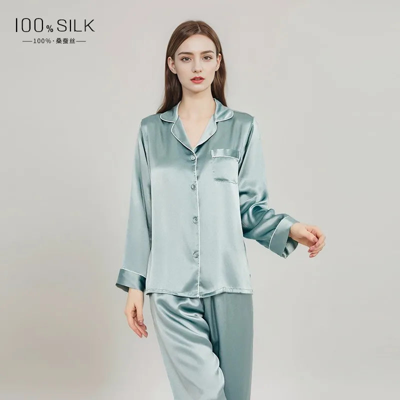 Summer New Real Silk Pajamas Women's Long-sleeved Trousers 100% Mulberry Silk Cool Home Clothes Suit 2 PCS Solid Color Sleepwear