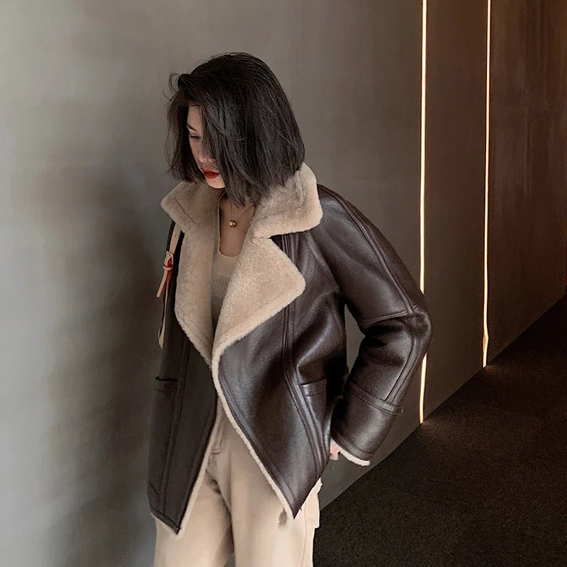 Natural Merino Sheepskin Wool Double Faced Fur Coat Women Motorcycle Leather Jacket Winter Clothes Woman 2024 дубленка женская
