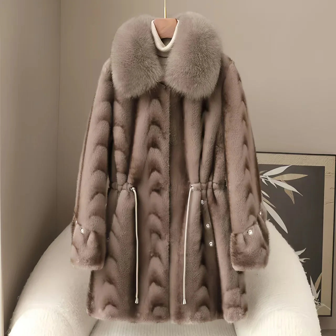 Faux Fur Coat for Women,Covered Button Jacket,Adjustable Waist,High Quality,Turn-down Collar Overcoat,Female Clothes,New,Winter