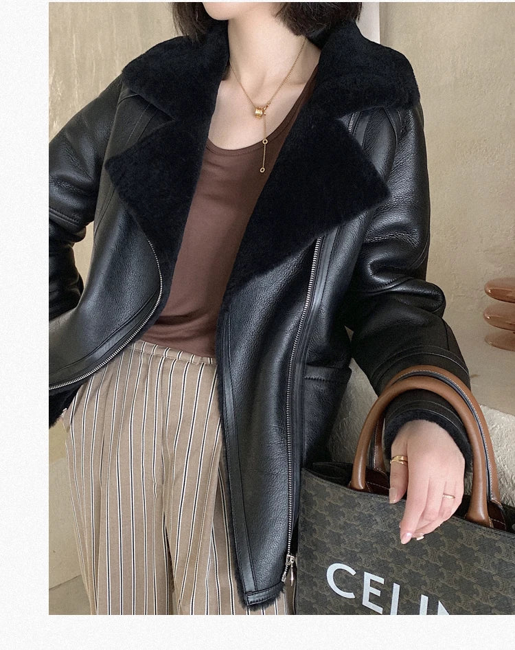 Natural Merino Sheepskin Wool Double Faced Fur Coat Women Motorcycle Leather Jacket Winter Clothes Woman 2024 дубленка женская