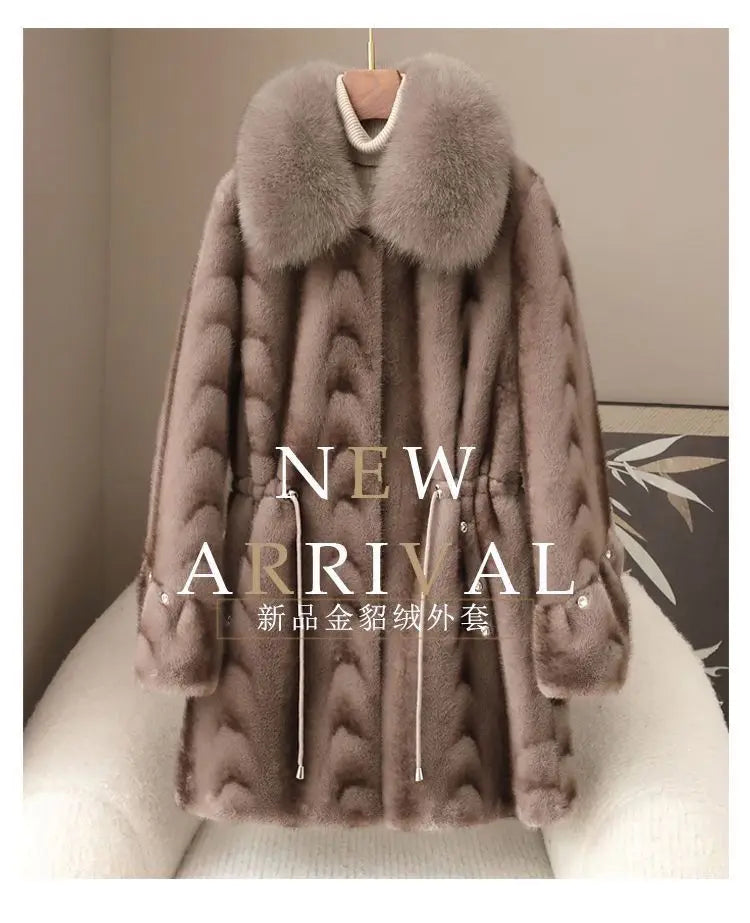 Faux Fur Coat for Women,Covered Button Jacket,Adjustable Waist,High Quality,Turn-down Collar Overcoat,Female Clothes,New,Winter