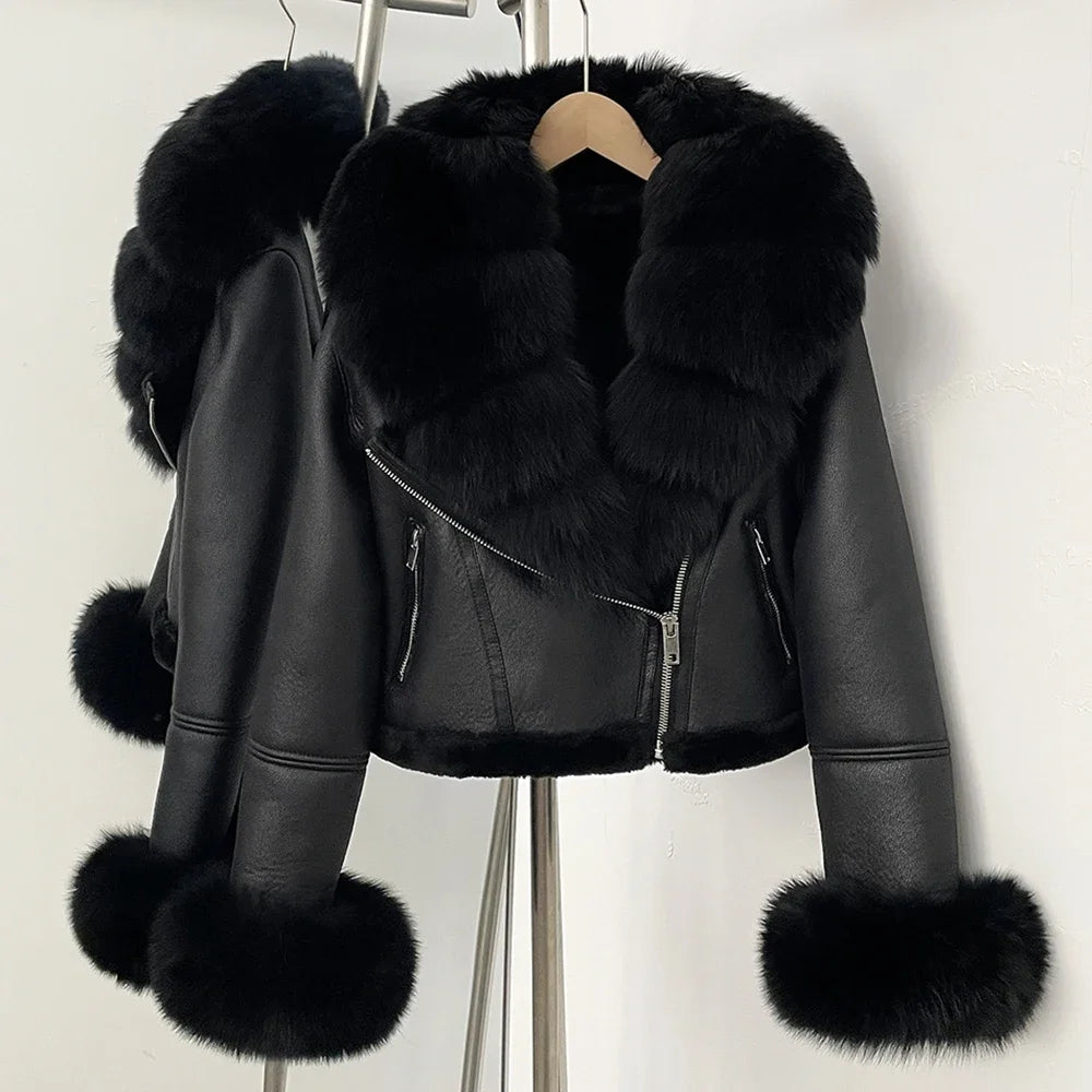 Fox Fur Coat Winter Warm Real Fur Cuffs Clothes Women Short Faux Leather Fake Fur Inner Jacket Thick Reality Fur Jacket Female