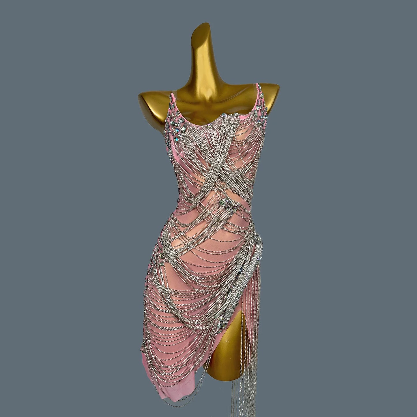 Bling Crystal Chain Diamonds Dress for Women Elastic Sexy Tassel Mini Dress Nightclub Show Wear Birthday Prom Dress Tassel Luoli