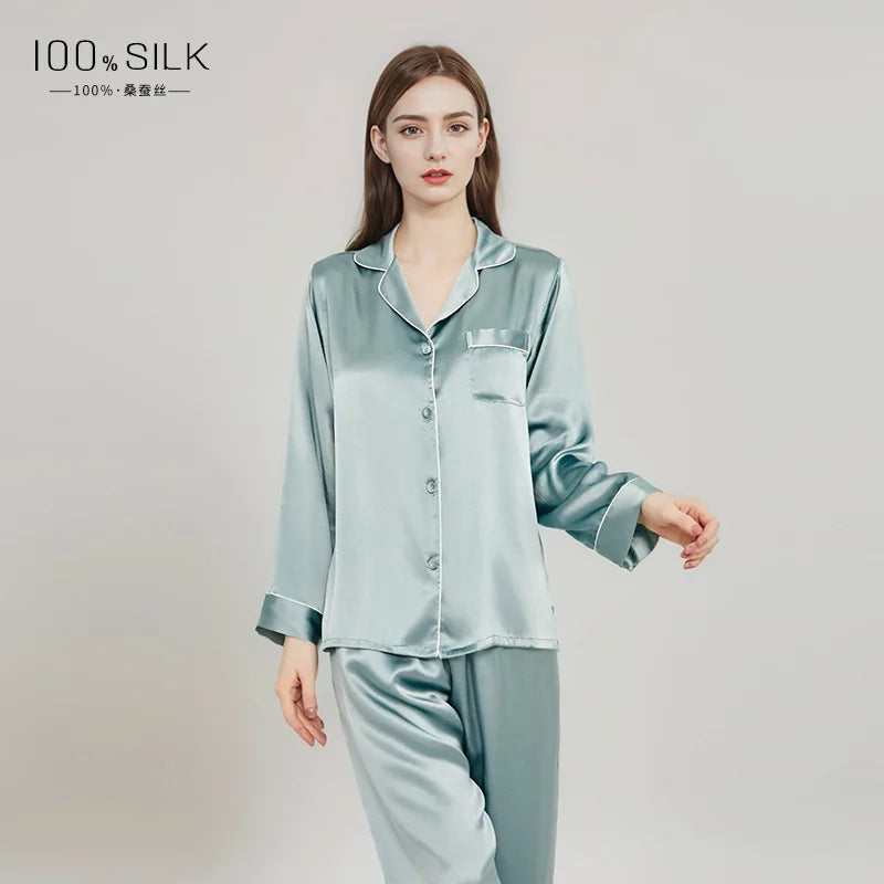 Summer New Real Silk Pajamas Women's Long-sleeved Trousers 100% Mulberry Silk Cool Home Clothes Suit 2 PCS Solid Color Sleepwear