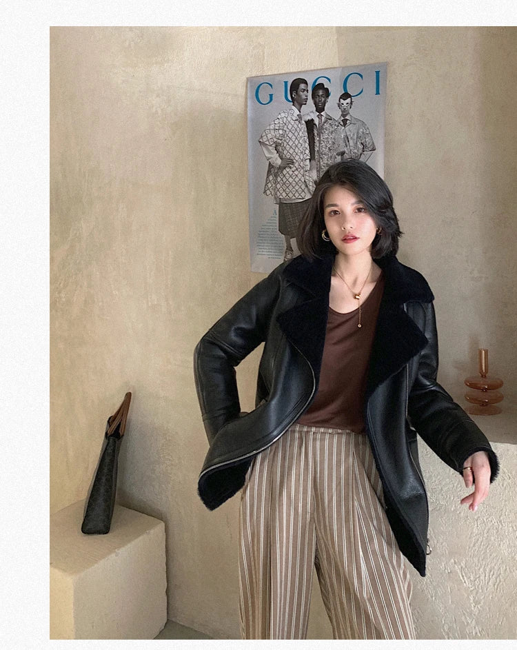 Natural Merino Sheepskin Wool Double Faced Fur Coat Women Motorcycle Leather Jacket Winter Clothes Woman 2024 дубленка женская