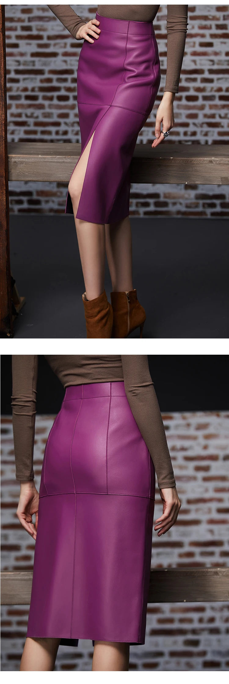 Leather Clothes for Women Streetwear 100% Sheepskin Sexy Split Simple Wrapped Slim Fit Long Jupe Sliver Fuchsia Cute Etek Kadın