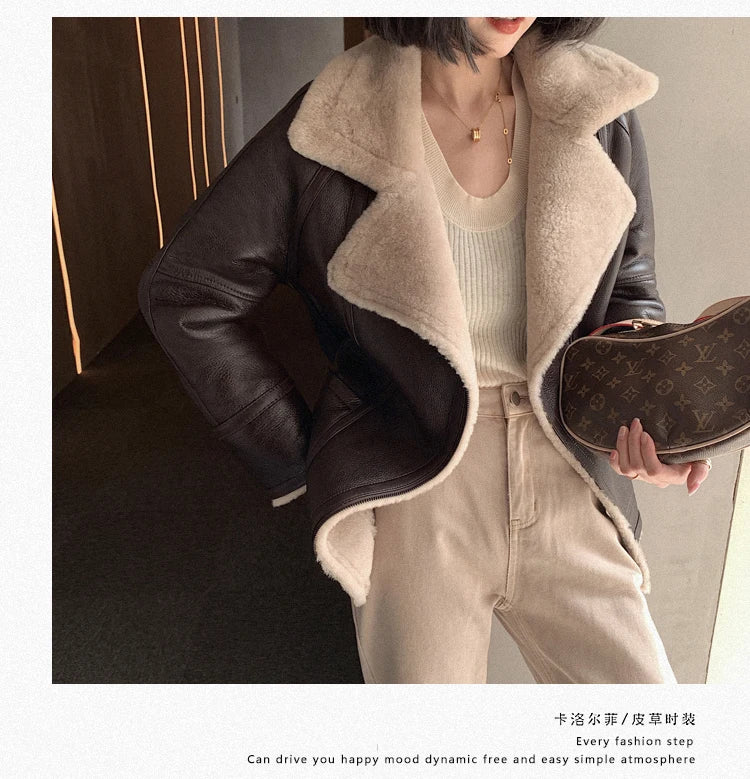 Natural Merino Sheepskin Wool Double Faced Fur Coat Women Motorcycle Leather Jacket Winter Clothes Woman 2024 дубленка женская