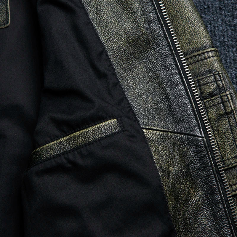 2025 New Retro Men's Leather Jacket Spring Army Green MA1 Flight Suit Natural Cowhide Short Coat Motorcycle Riding Clothes