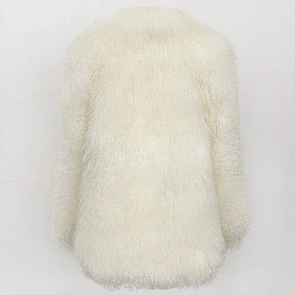 MENINA 2025 Autumn Winter Clothes Women Fashion Warm Mongolian Fur Jacket Mid-length Natural Fur Coat Black Real Fur Overcoat