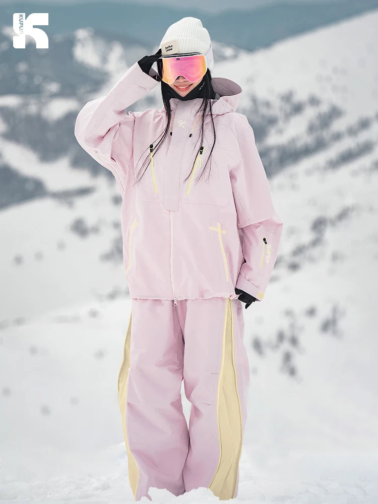 KUFUN Ski Wear Outfits Snowboard Waterproof Windproof Thickened 3L Snow Jacket Top Pants Trousers Loose Casual Man Lady Teenager