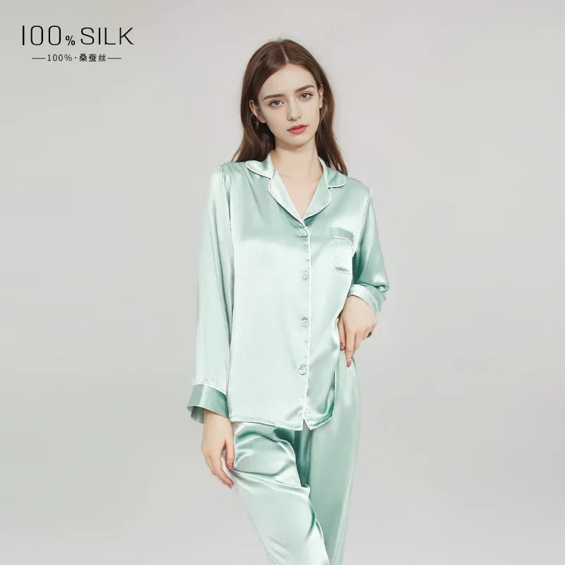 Summer New Real Silk Pajamas Women's Long-sleeved Trousers 100% Mulberry Silk Cool Home Clothes Suit 2 PCS Solid Color Sleepwear