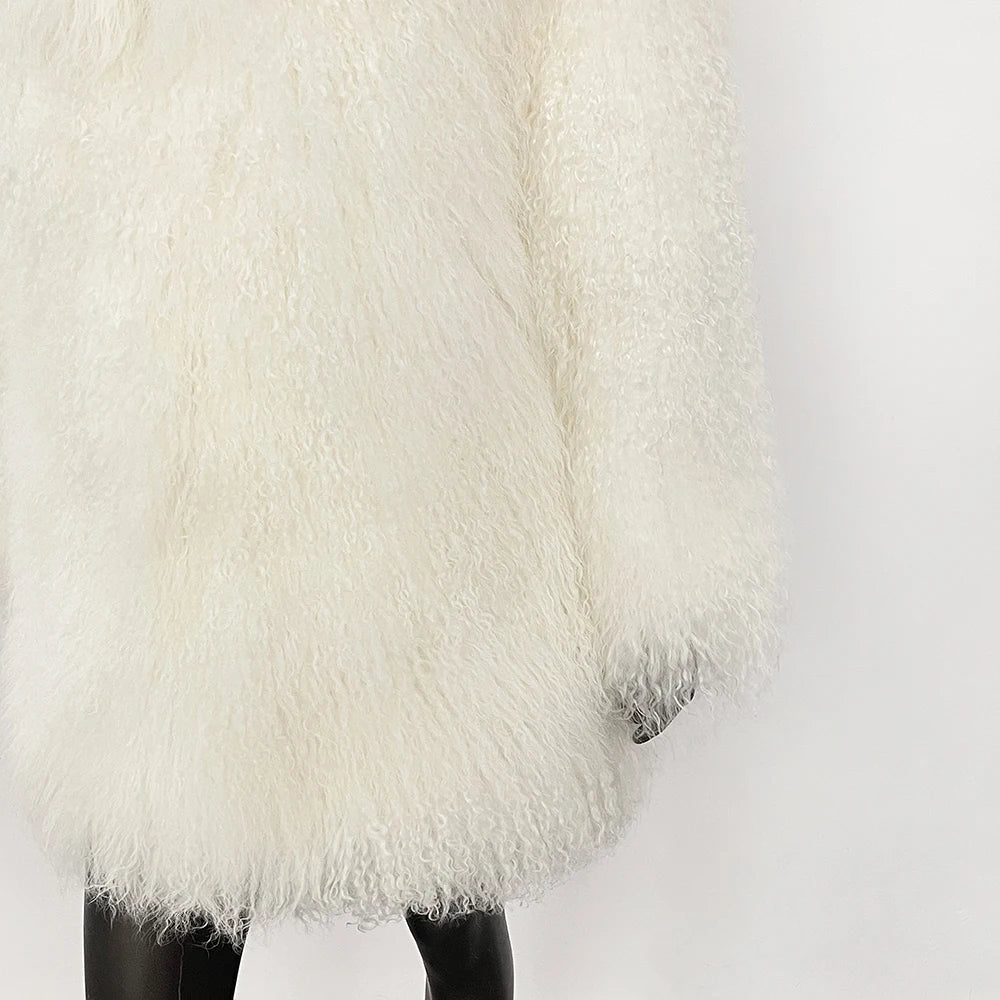 MENINA 2025 Autumn Winter Clothes Women Fashion Warm Mongolian Fur Jacket Mid-length Natural Fur Coat Black Real Fur Overcoat