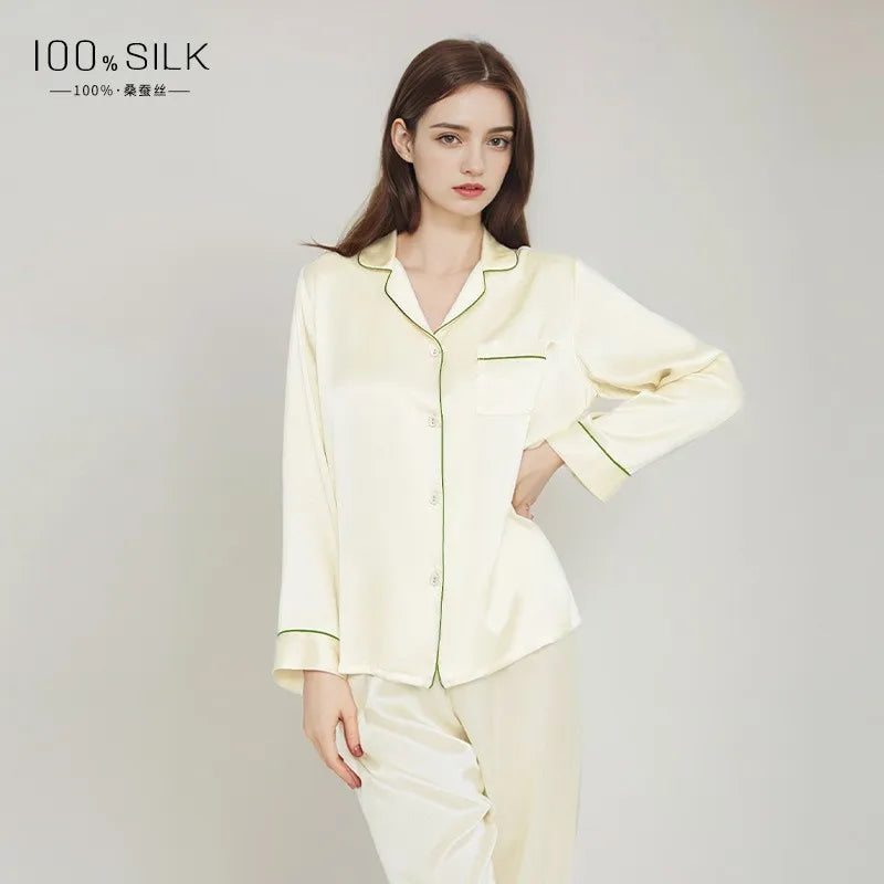 Summer New Real Silk Pajamas Women's Long-sleeved Trousers 100% Mulberry Silk Cool Home Clothes Suit 2 PCS Solid Color Sleepwear