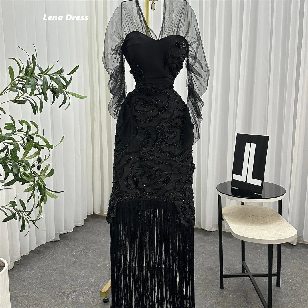 Lena Women Evening Dresses for Special Occasions Black Custom Made Evening Luxury Dress 2025 V-neck Long Sleeves Prom Clothes