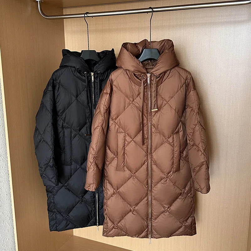 Winter New Puffer Coats Jackets for Women Simple Solid Quilted Hooded Outerwears Thick Loose Warm Mid-length Women's Down Jacket