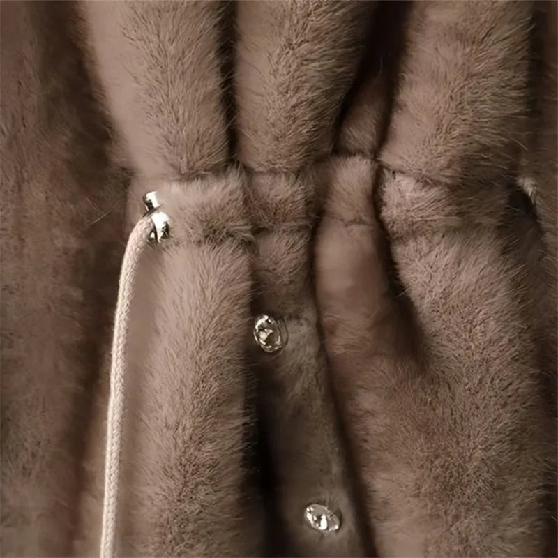 Faux Fur Coat for Women,Covered Button Jacket,Adjustable Waist,High Quality,Turn-down Collar Overcoat,Female Clothes,New,Winter