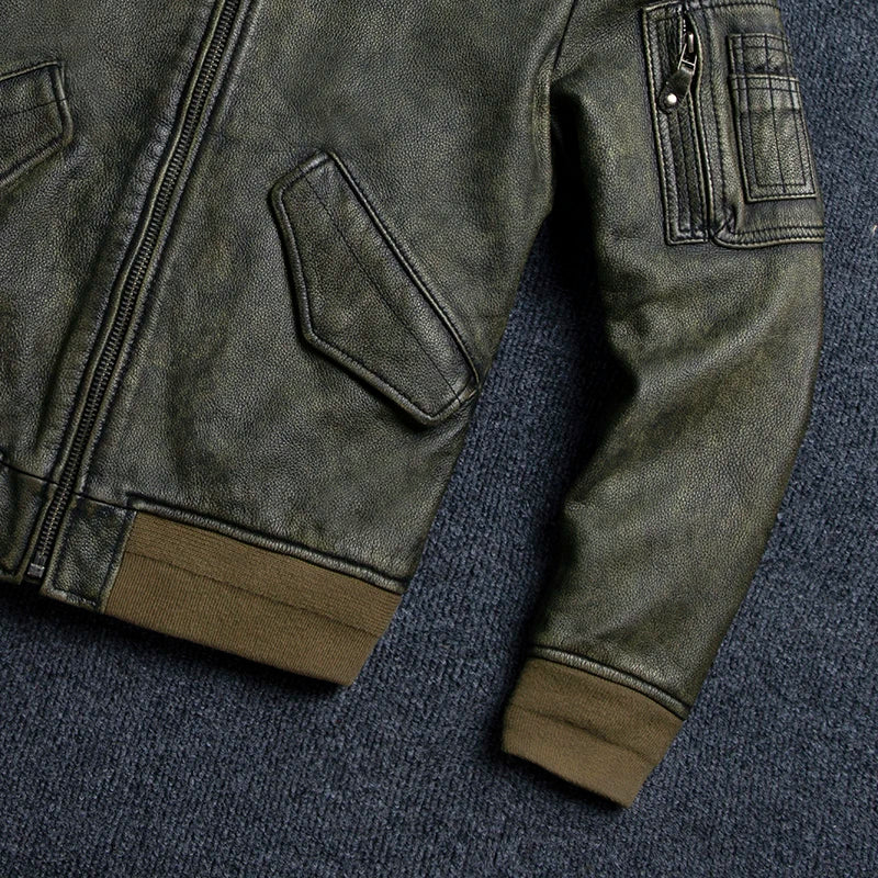 2025 New Retro Men's Leather Jacket Spring Army Green MA1 Flight Suit Natural Cowhide Short Coat Motorcycle Riding Clothes