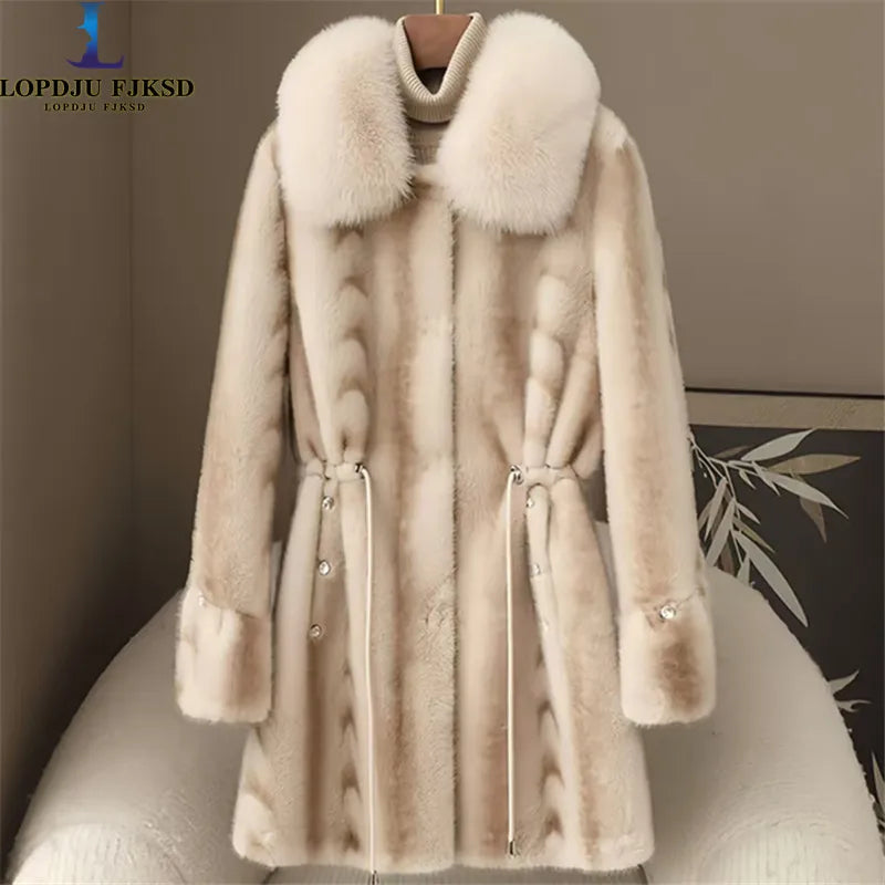 Faux Fur Coat for Women,Covered Button Jacket,Adjustable Waist,High Quality,Turn-down Collar Overcoat,Female Clothes,New,Winter