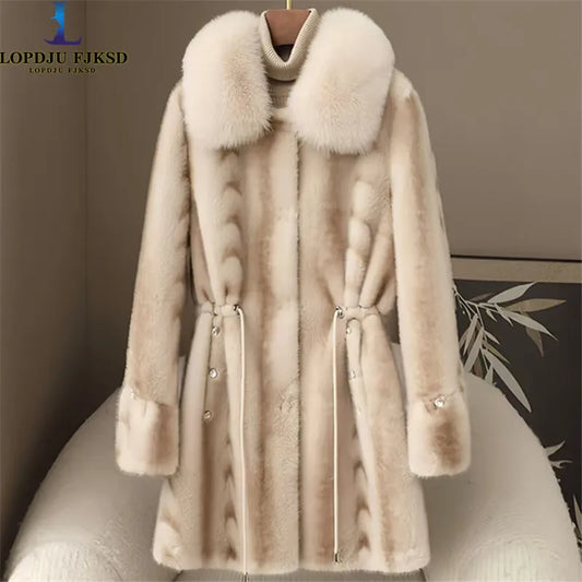 Faux Fur Coat for Women,Covered Button Jacket,Adjustable Waist,High Quality,Turn-down Collar Overcoat,Female Clothes,New,Winter